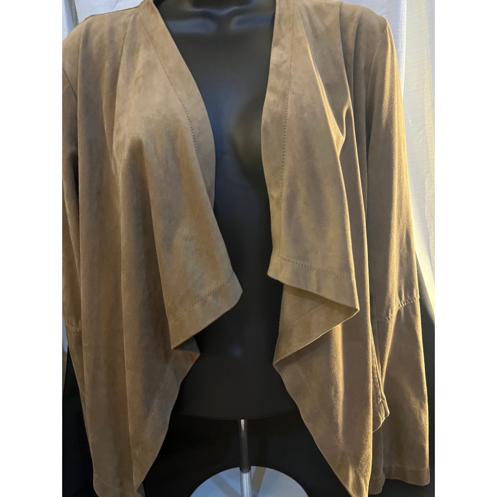 Chic long sleeve drape‎ open front cascade faux tan suede cardigan sweater  sz L - Picture 7 of 7